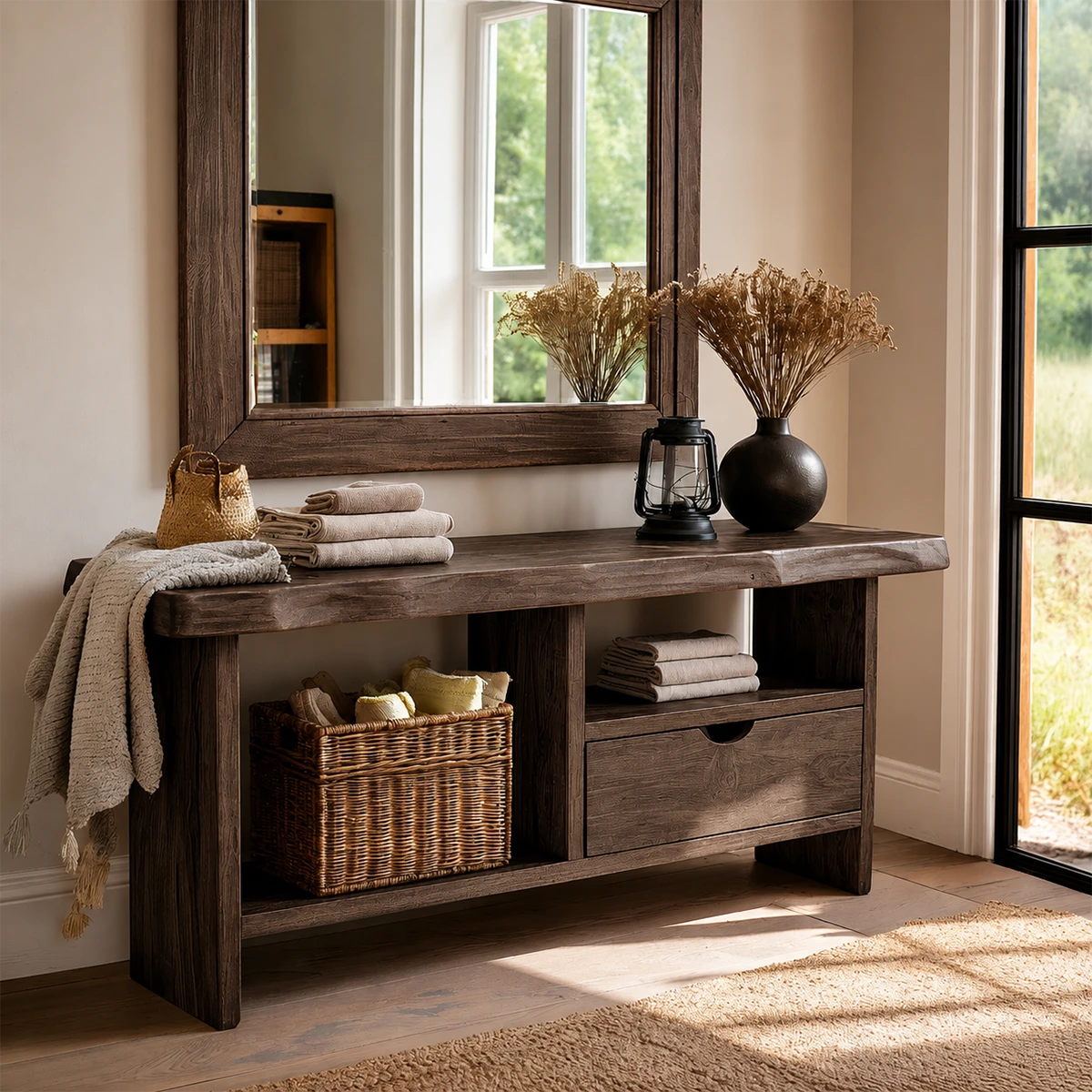 Contemporary sofa table with functional storage drawer and spacious display shelf below