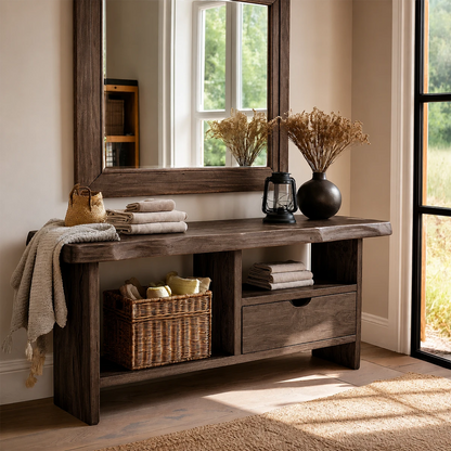 Contemporary sofa table with functional storage drawer and spacious display shelf below