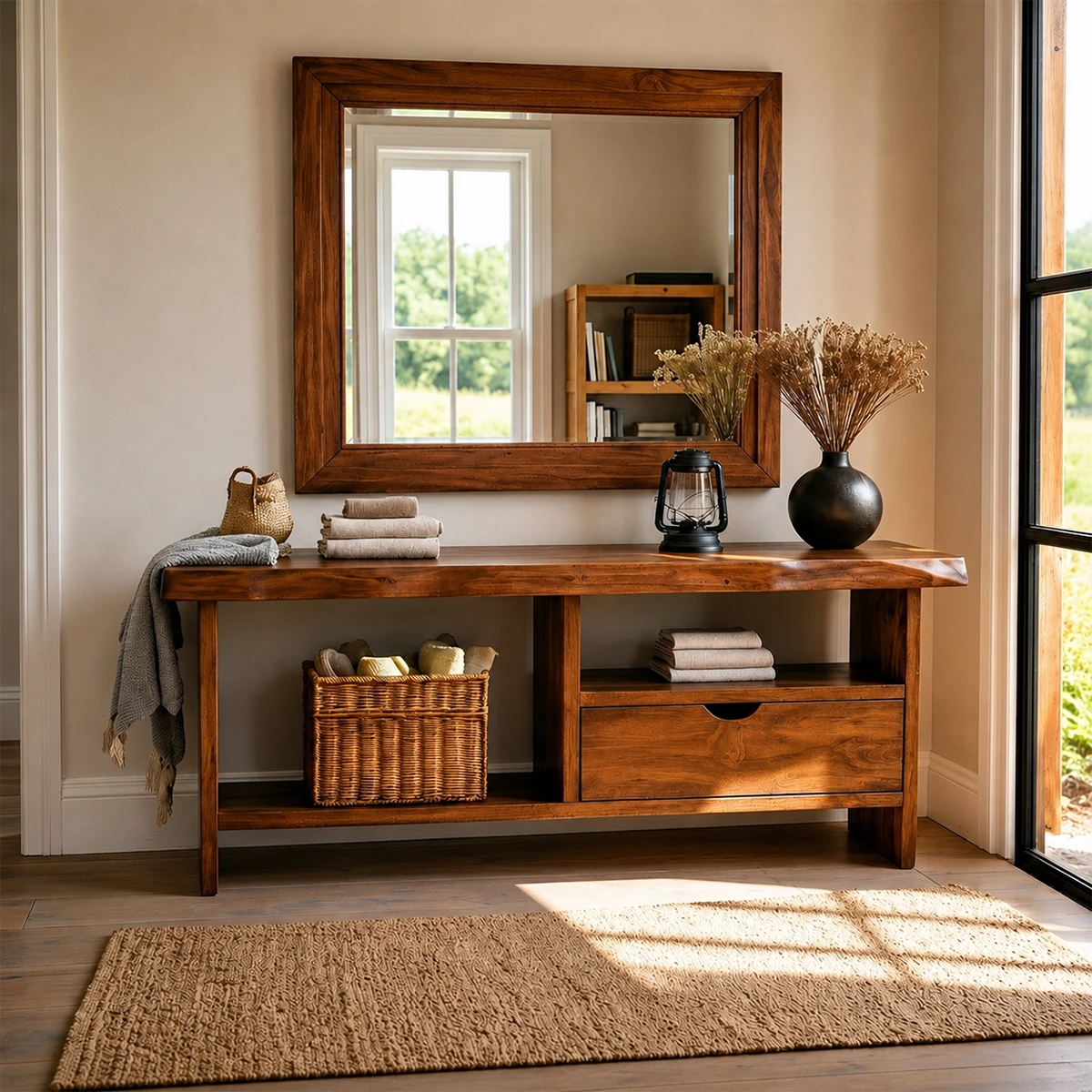 Elegant storage console with single drawer and lower shelf for entryway organization