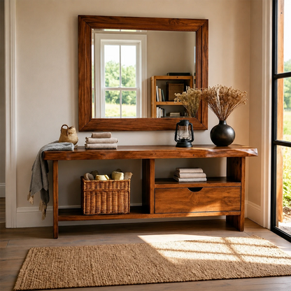 Elegant storage console with single drawer and lower shelf for entryway organization