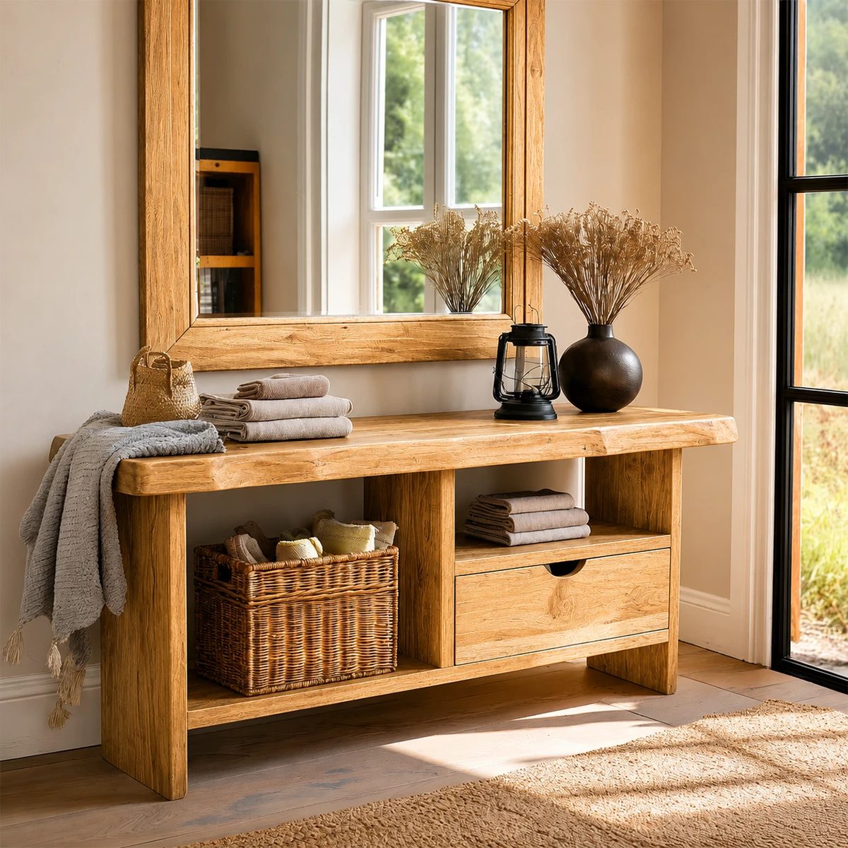 Stylish entry console featuring clean lines, storage drawer, and open shelf design
