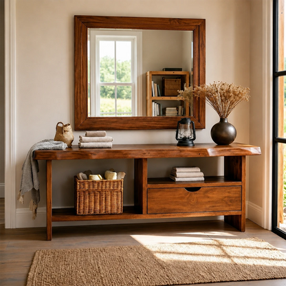 Wooden console table with mirror and decorative items in a room.