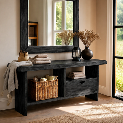Modern hallway table with practical drawer organization and accessible shelf storage