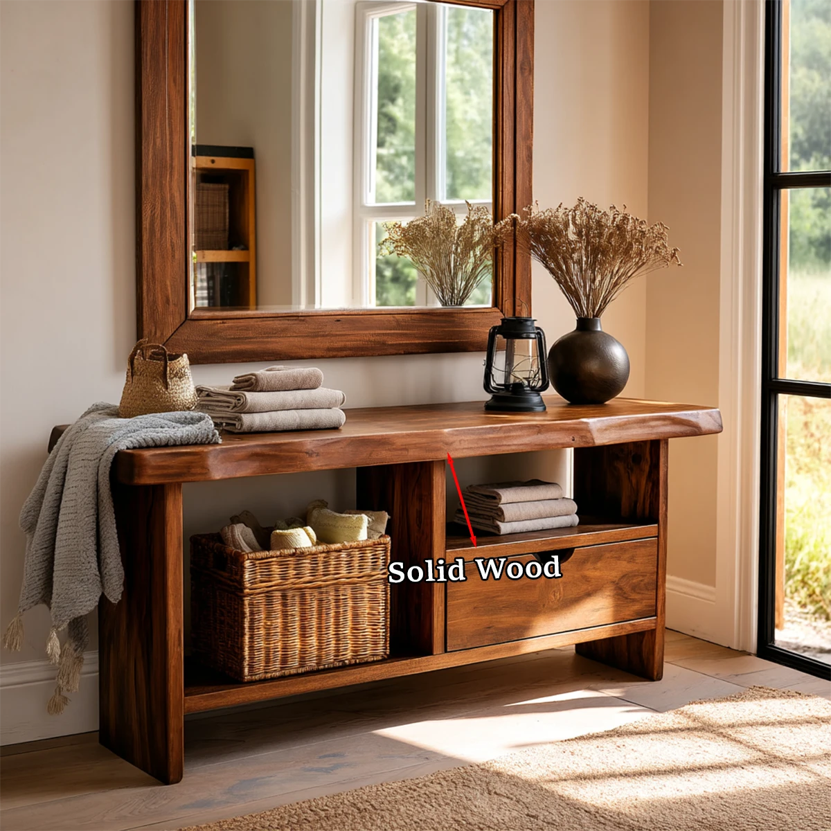 Functional console cabinet with drawer storage and open shelving for everyday essentials