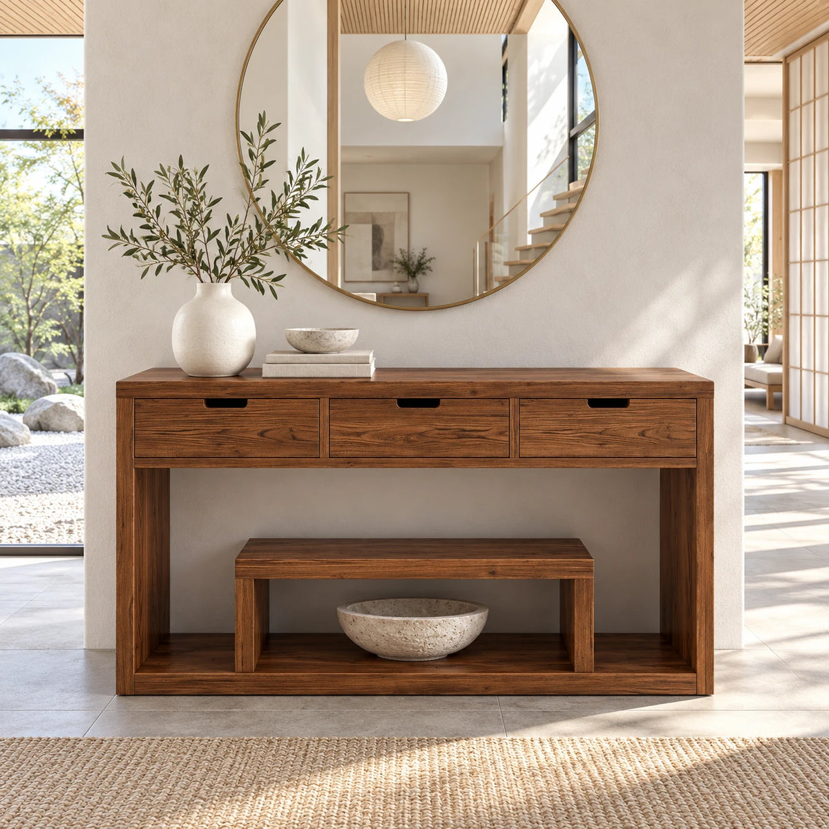 Solid Wood Console Table with Three Drawers and Open Display Shelf - Arboriswood - 10