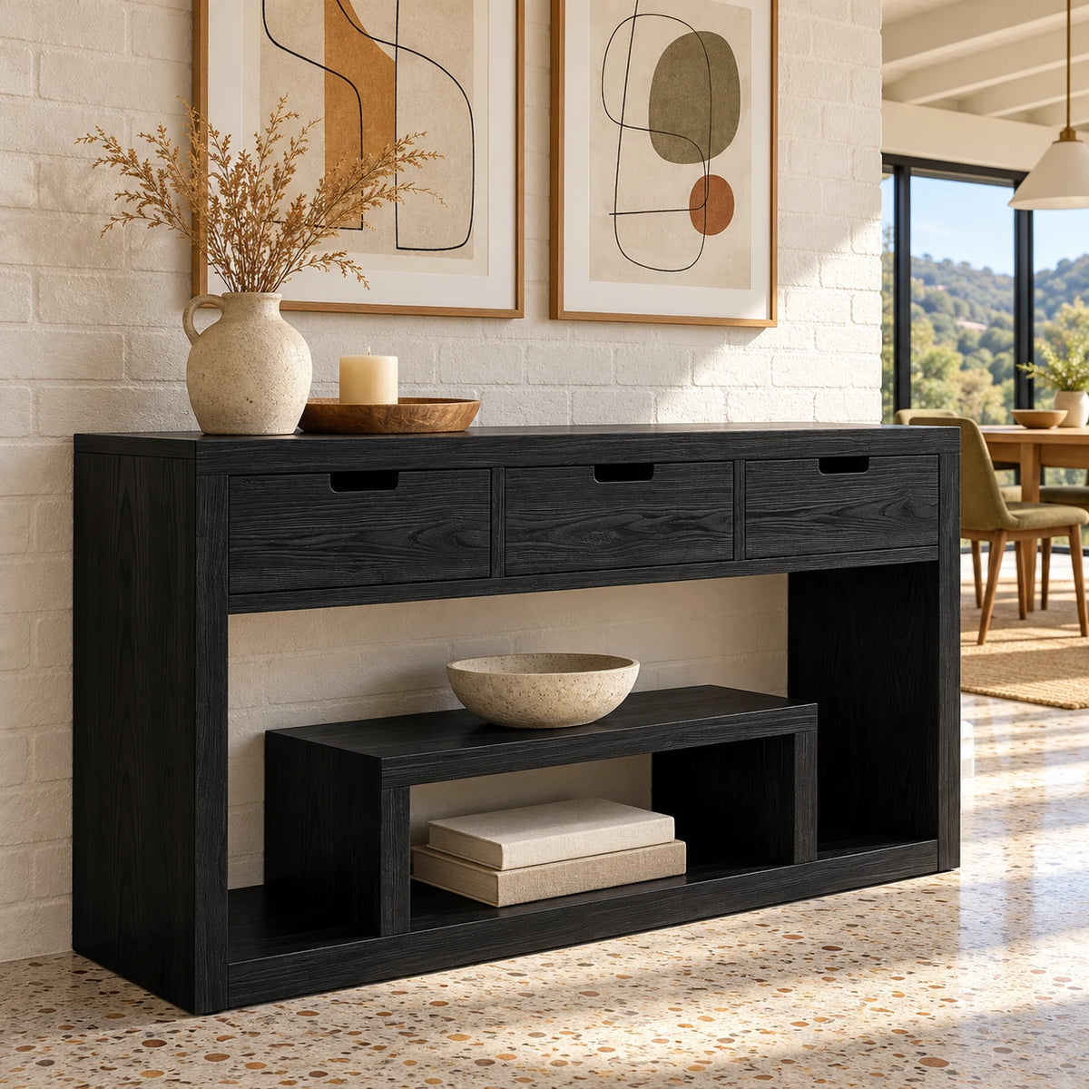 Solid Wood Console Table with Three Drawers and Open Display Shelf - Arboriswood - 11