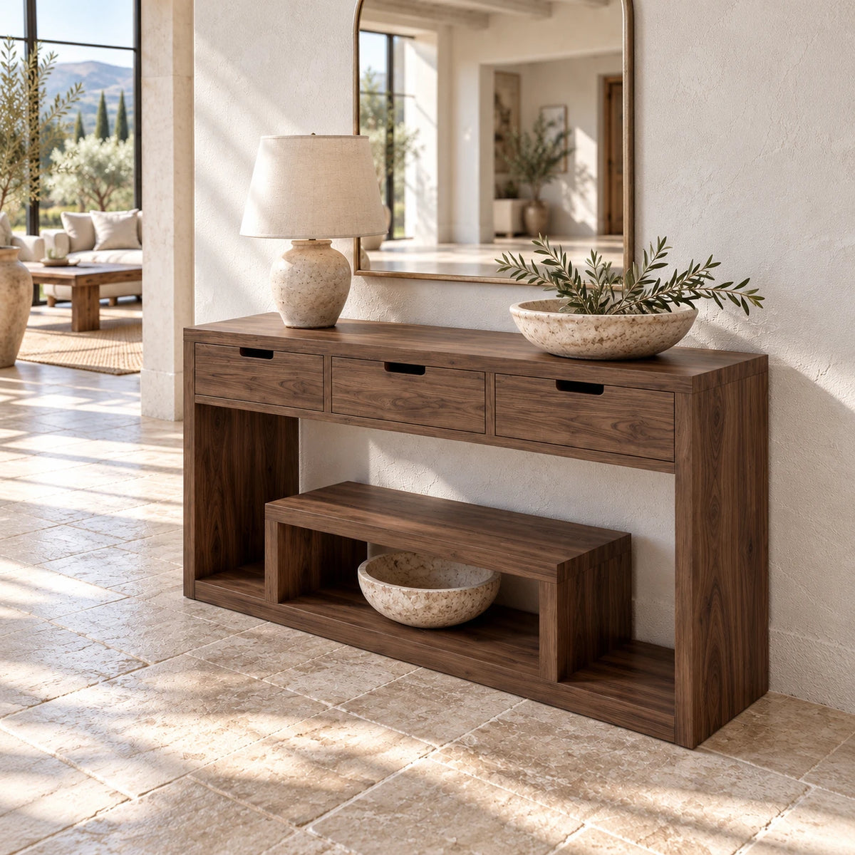 Solid Wood Console Table with Three Drawers and Open Display Shelf - Arboriswood - 5