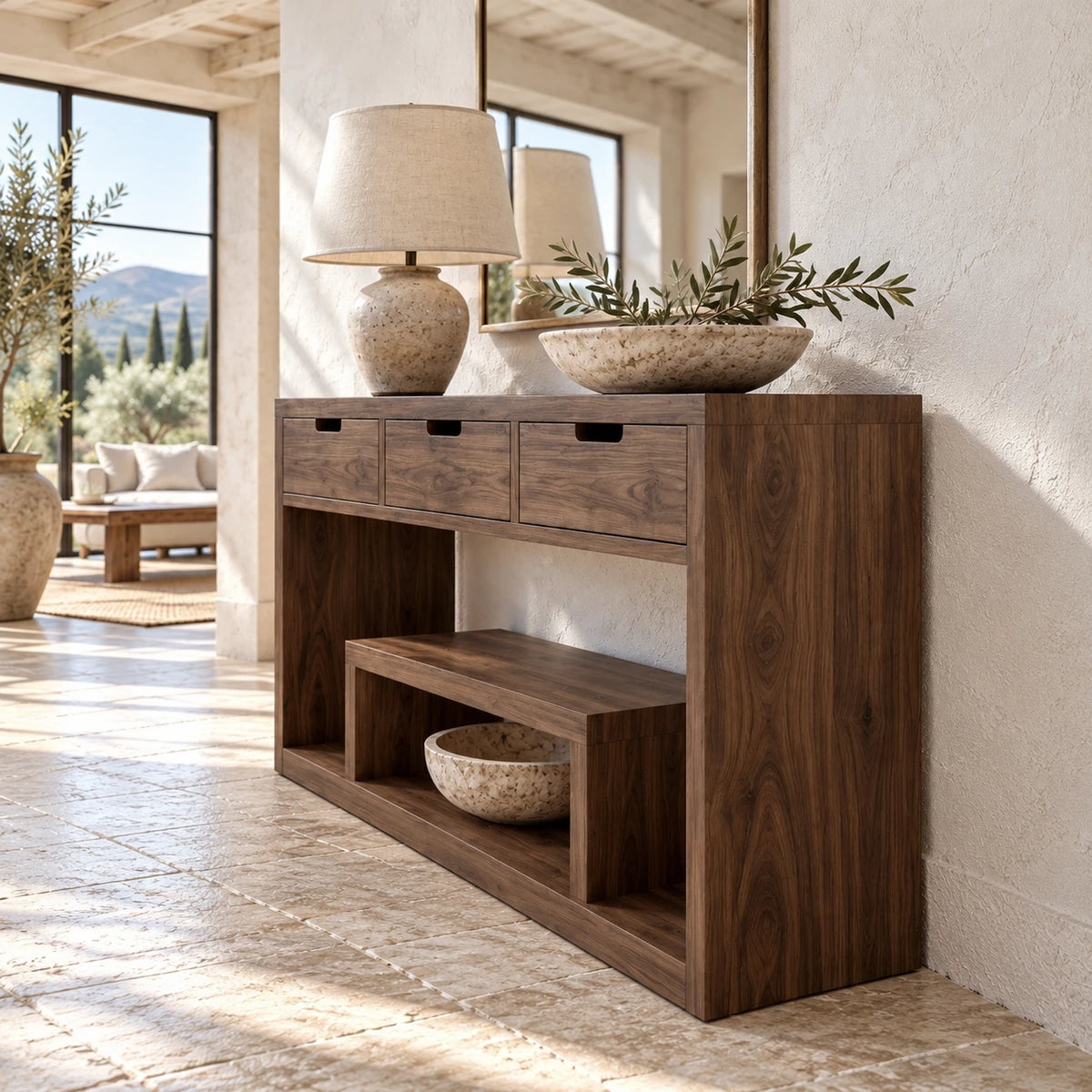 Solid Wood Console Table with Three Drawers and Open Display Shelf - Arboriswood - 6