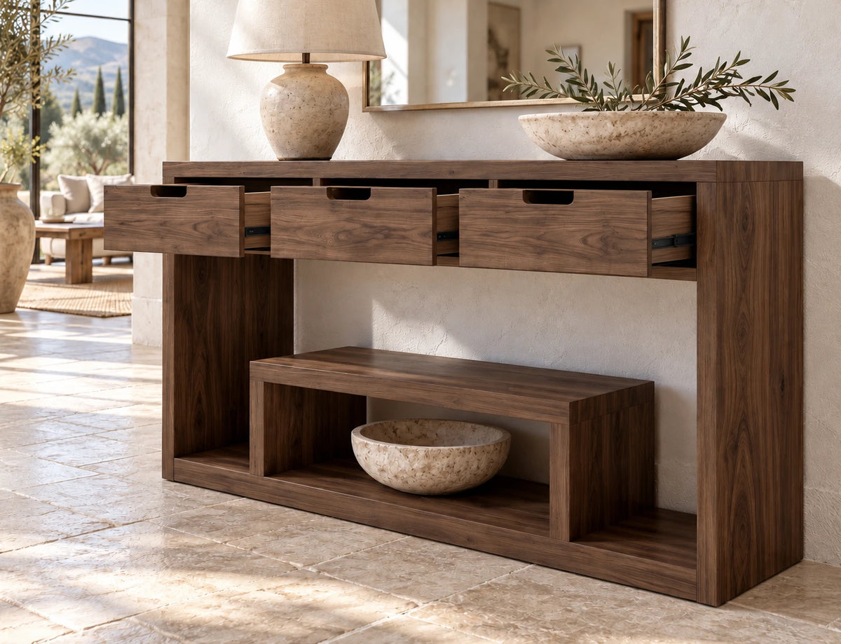 Solid Wood Console Table with Three Drawers and Open Display Shelf - Arboriswood - 7