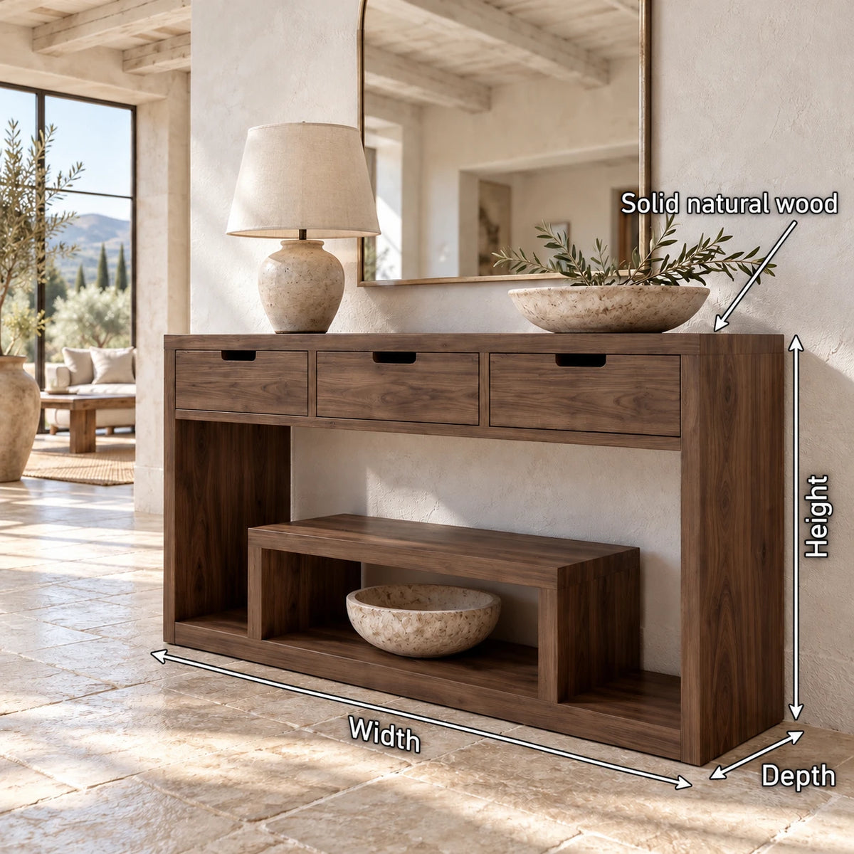 Solid Wood Console Table with Three Drawers and Open Display Shelf - Arboriswood - 8