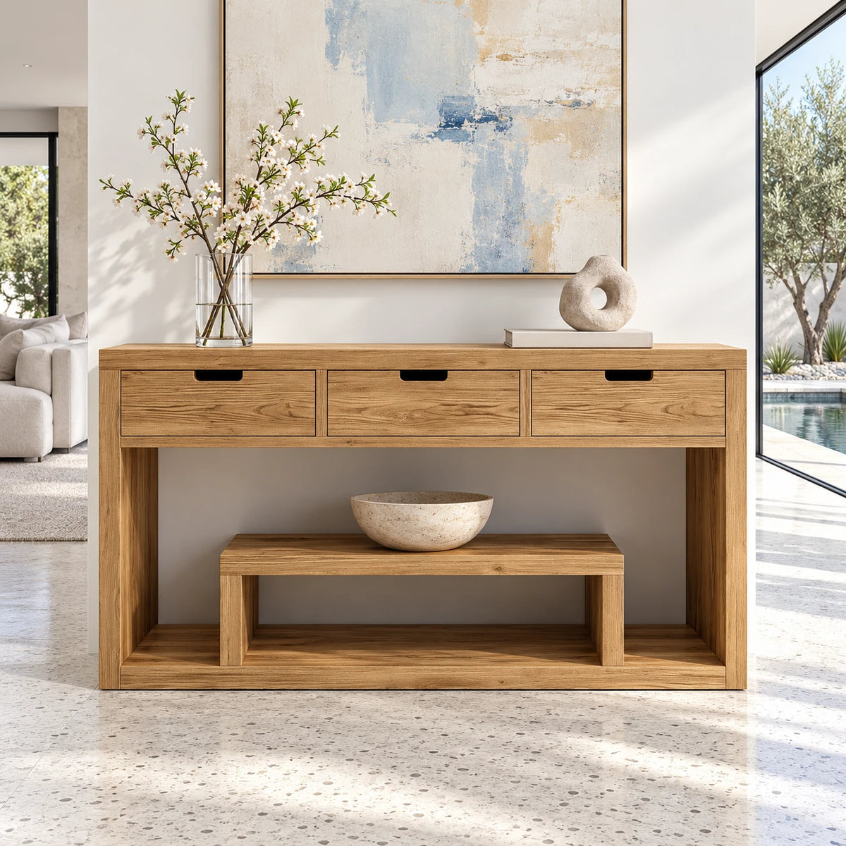 Solid Wood Console Table with Three Drawers and Open Display Shelf - Arboriswood - 9