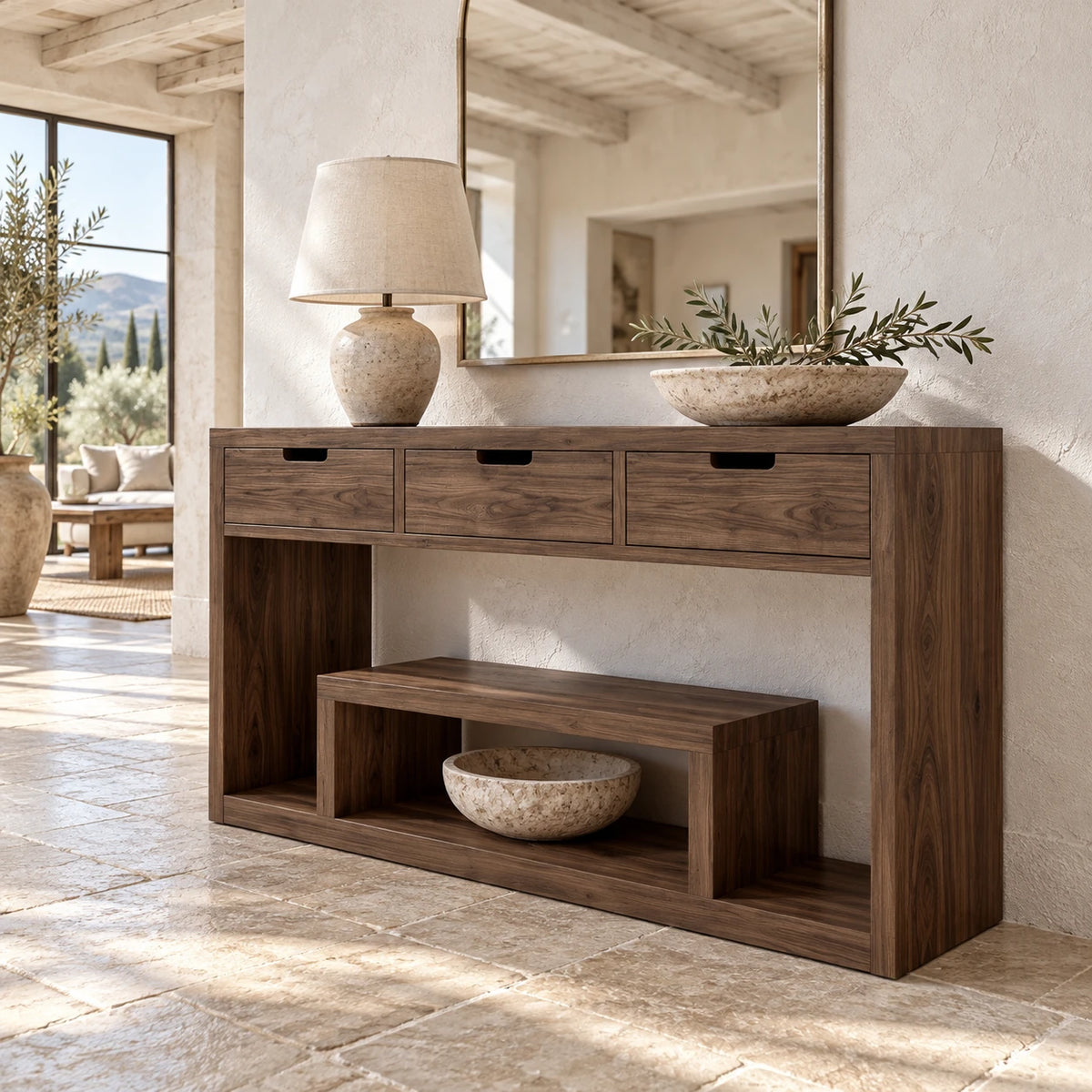 Solid Wood Console Table with Three Drawers and Open Display Shelf - Arboriswood