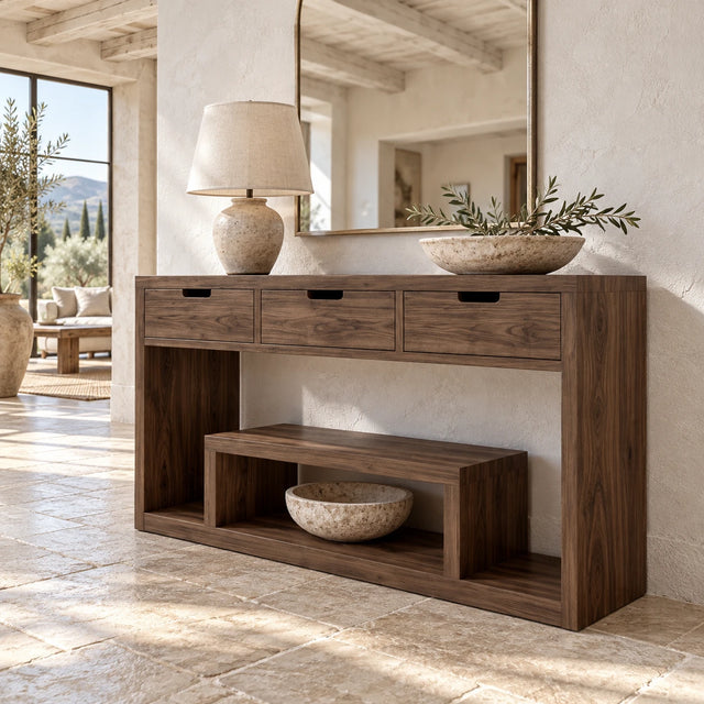 Solid Wood Console Table with Three Drawers and Open Display Shelf - Arboriswood
