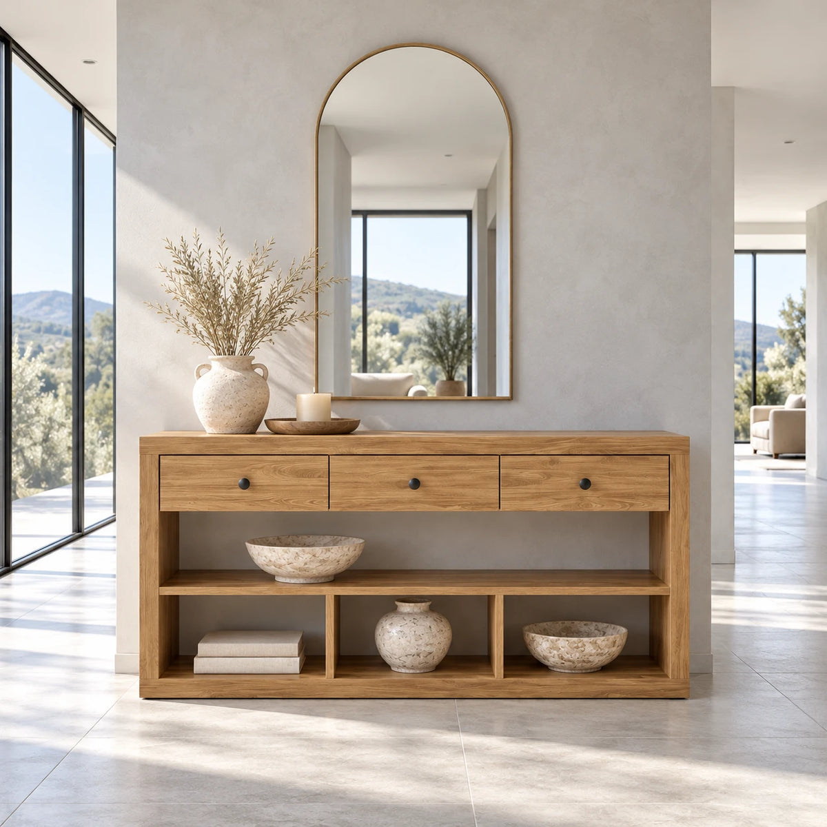 Solid Wood Console Table with Three Drawers and Open Storage Shelving - Arboriswood - 10