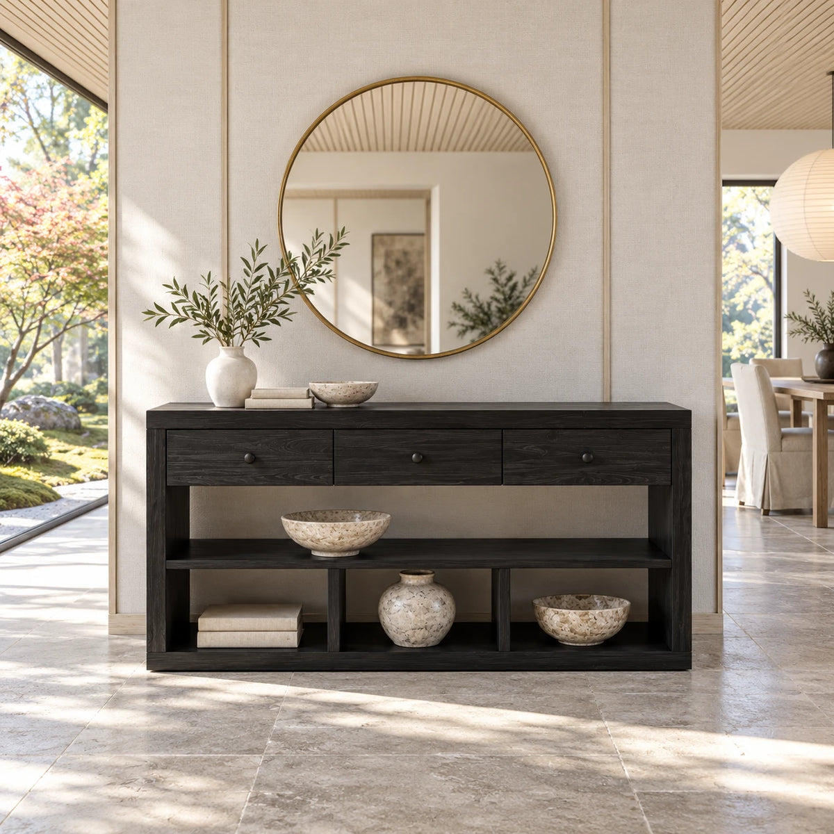 Solid Wood Console Table with Three Drawers and Open Storage Shelving - Arboriswood - 11