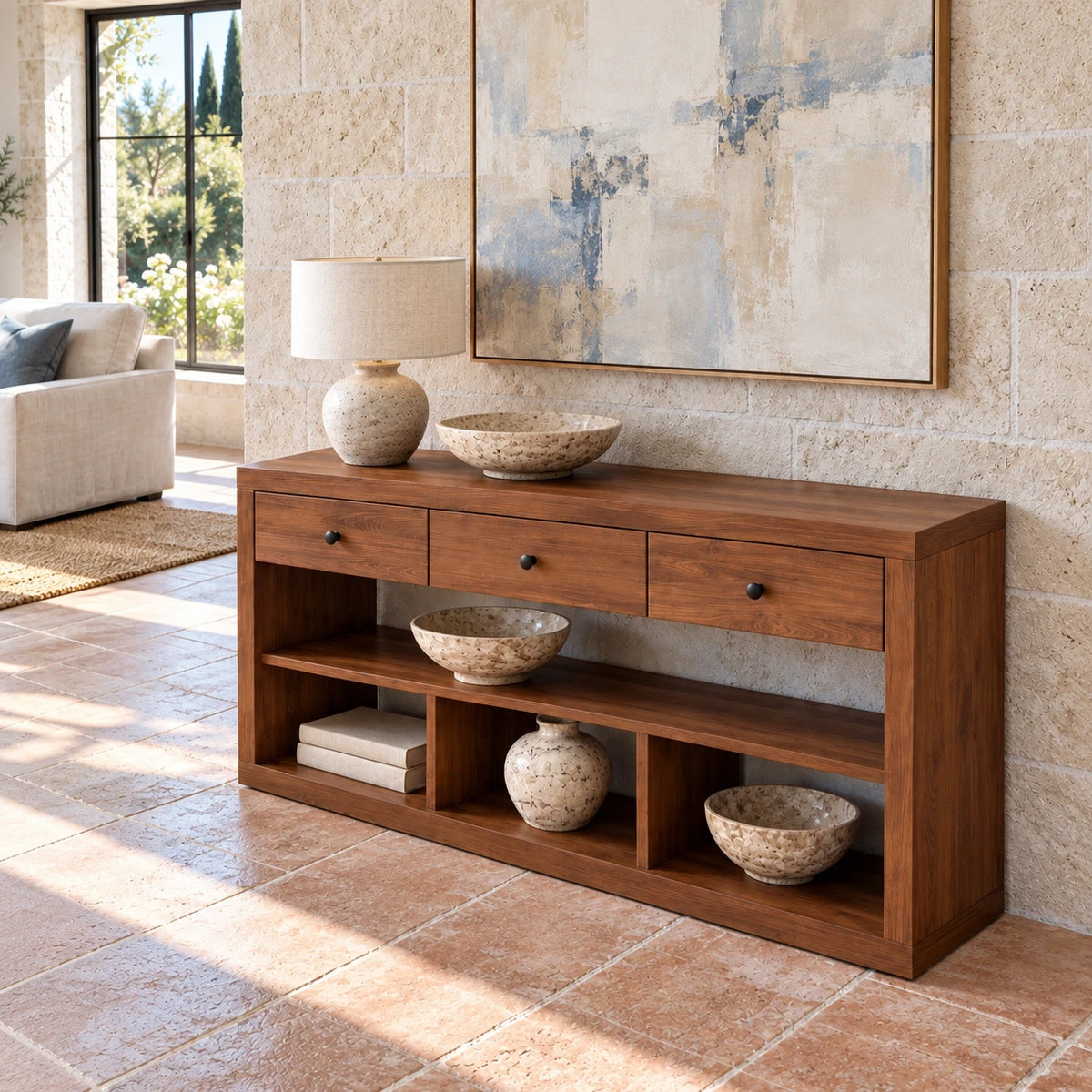 Solid Wood Console Table with Three Drawers and Open Storage Shelving - Arboriswood - 5