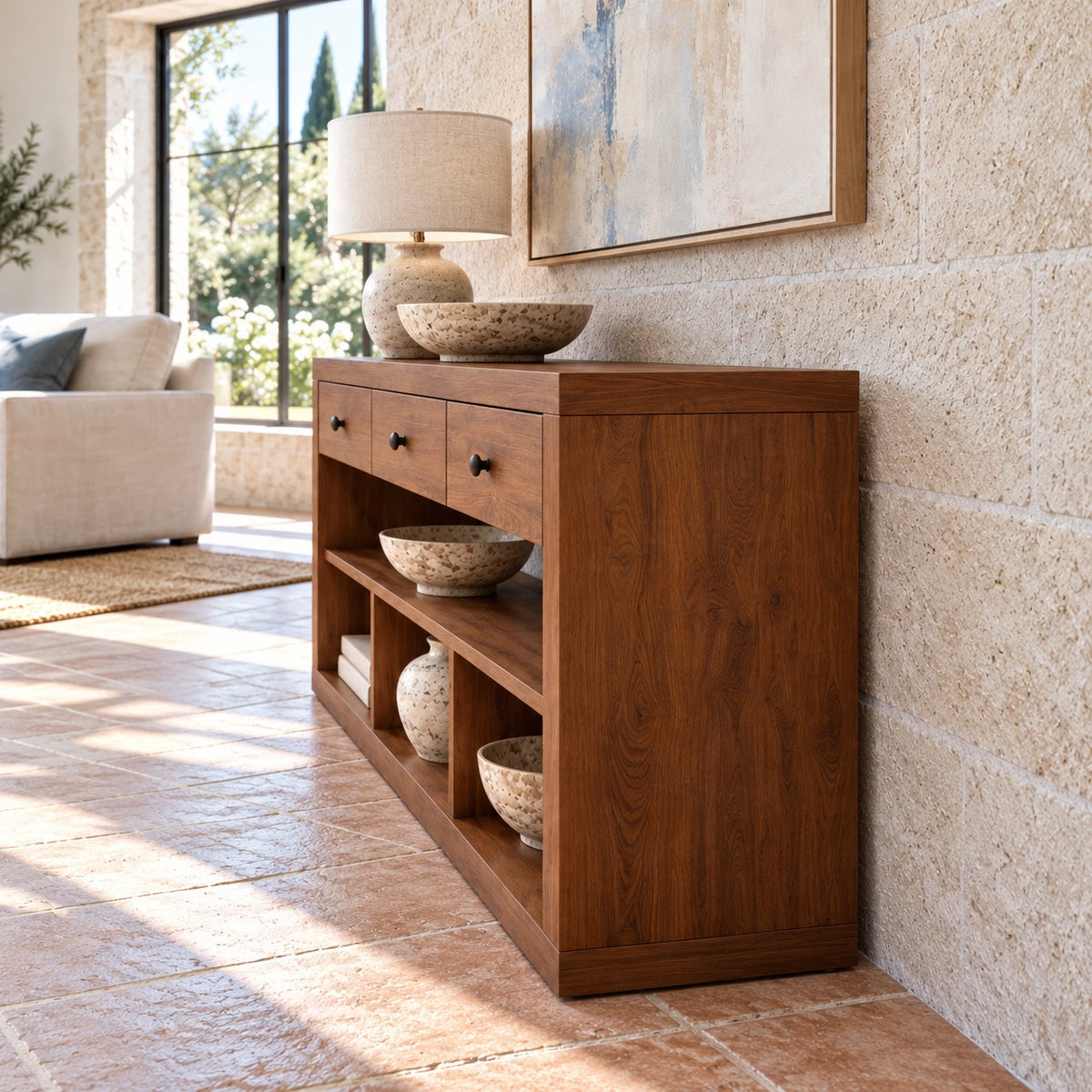 Solid Wood Console Table with Three Drawers and Open Storage Shelving - Arboriswood - 6