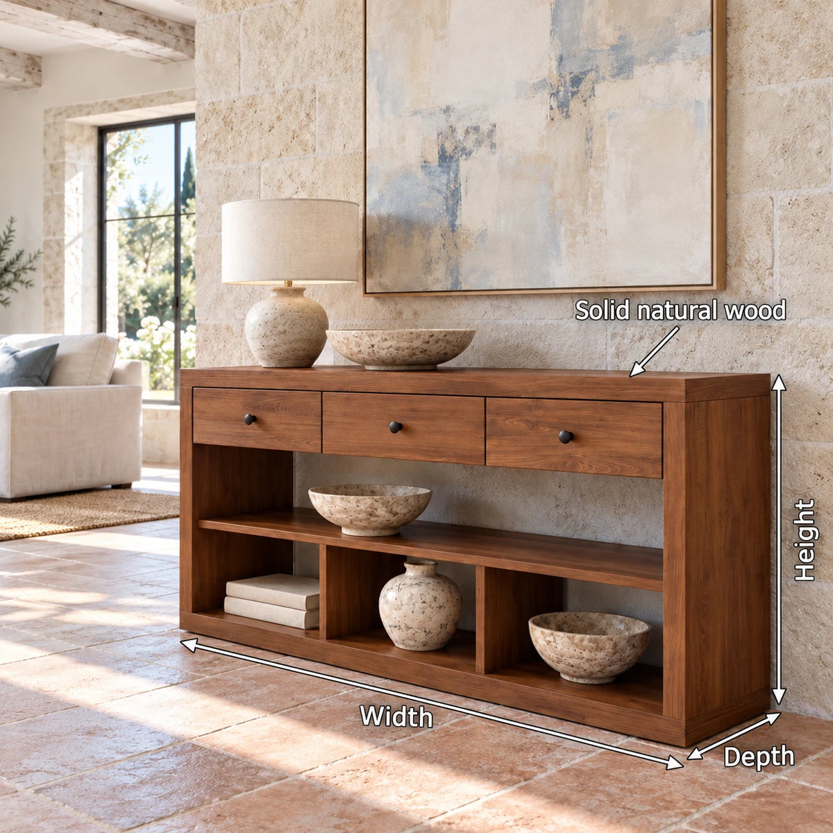 Solid Wood Console Table with Three Drawers and Open Storage Shelving - Arboriswood - 8