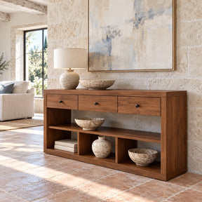 Solid Wood Console Table with Three Drawers and Open Storage Shelving - Arboriswood