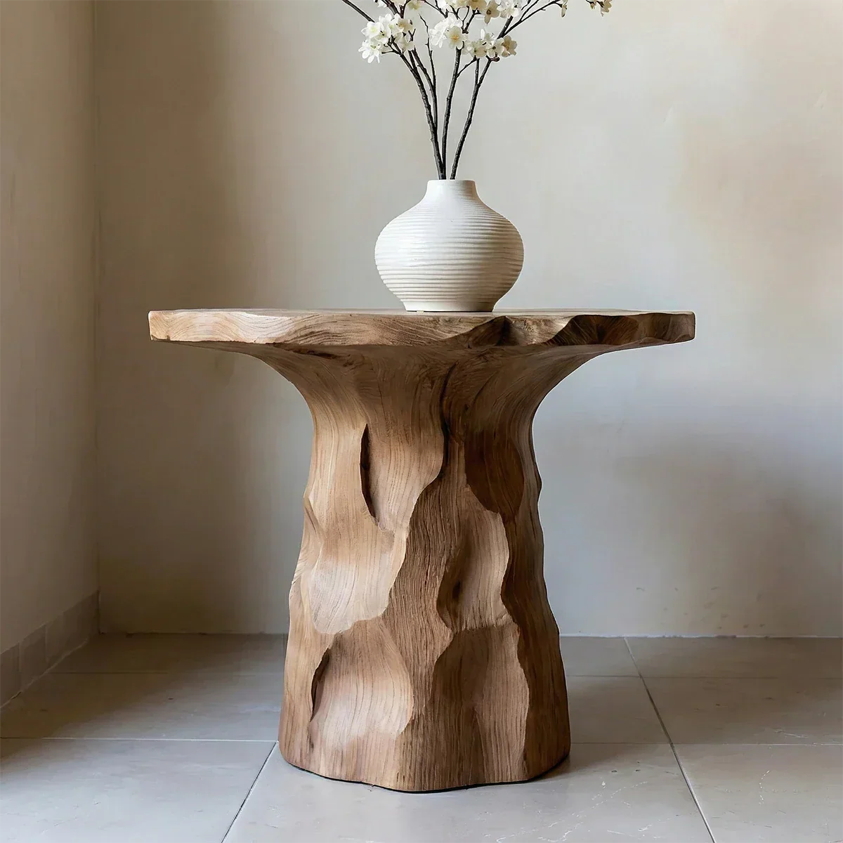 Solid Wood End Table with Live Edge Top and Hand-Carved Sculptural Base - ArborisWood - 3
