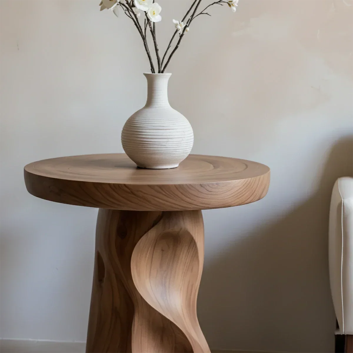 Solid Wood End Table with Round Top and Carved Hollow Pedestal Base - ArborisWood - 3