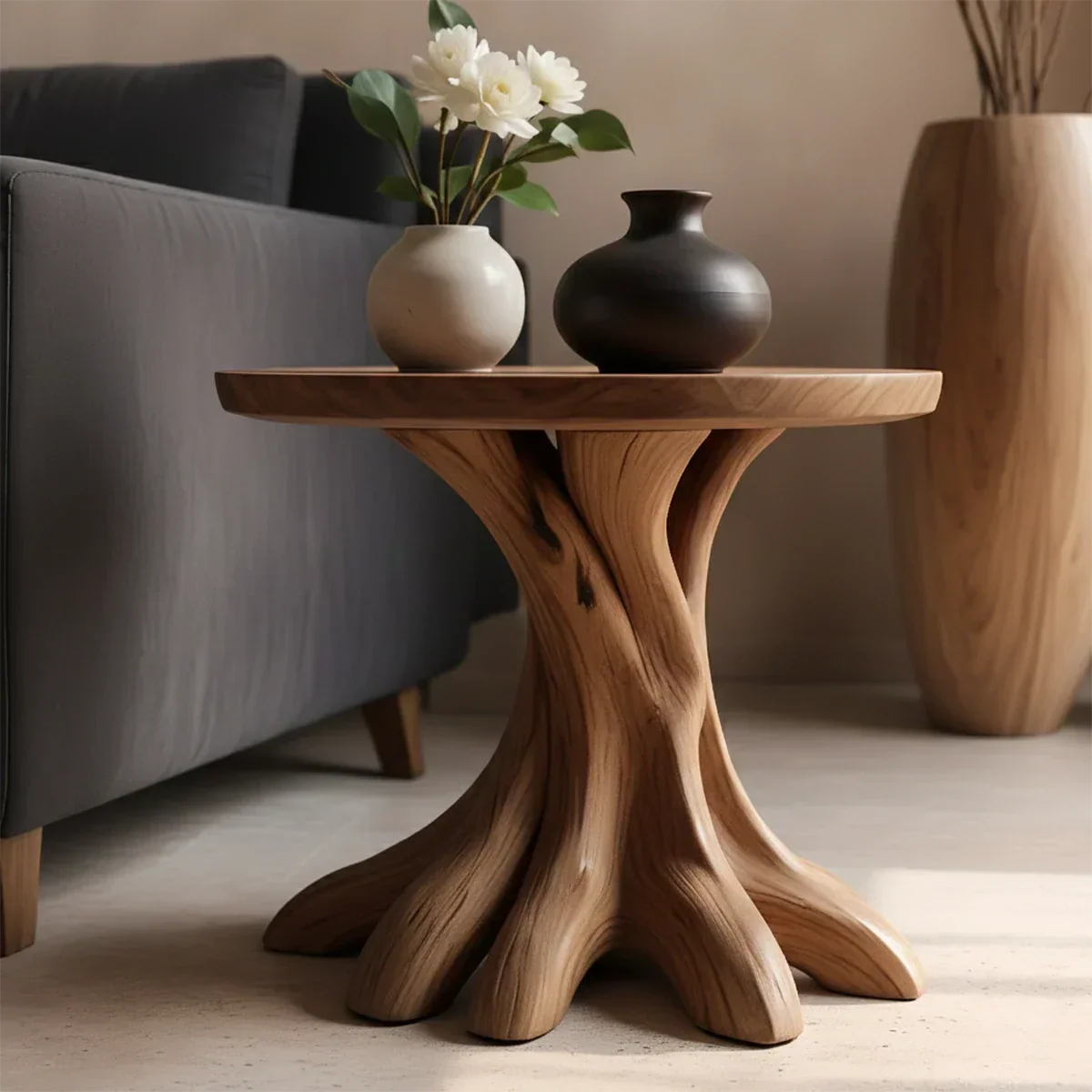 Solid Wood End Table with Round Top and Multi-Root Sculptural Base - ArborisWood - 3