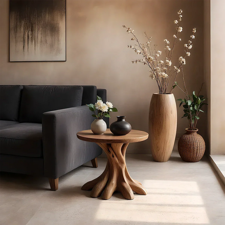 Solid Wood End Table with Round Top and Multi-Root Sculptural Base - ArborisWood