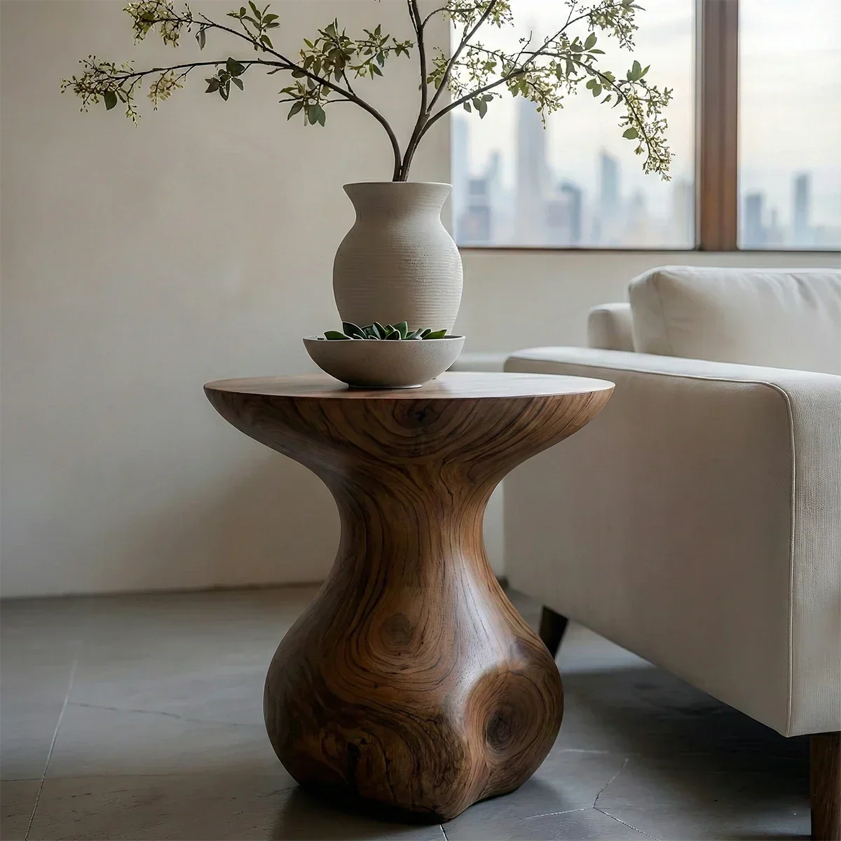 Solid Wood End Table with Round Top and Organic Bulb Pedestal Base - ArborisWood - 3