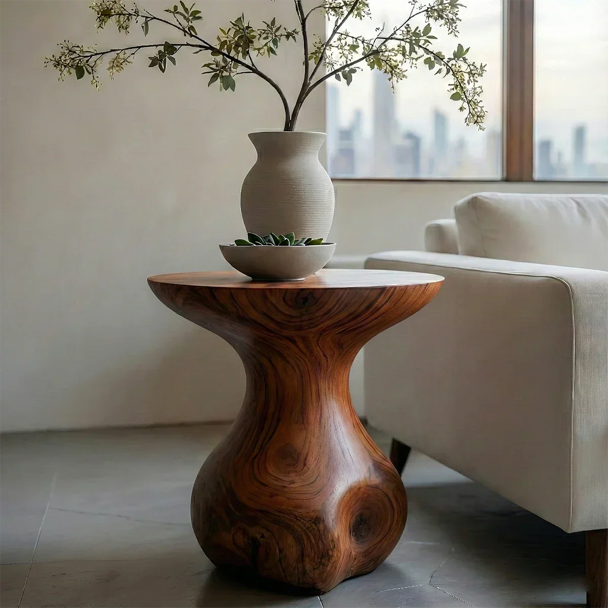 Solid Wood End Table with Round Top and Organic Bulb Pedestal Base - ArborisWood - 5