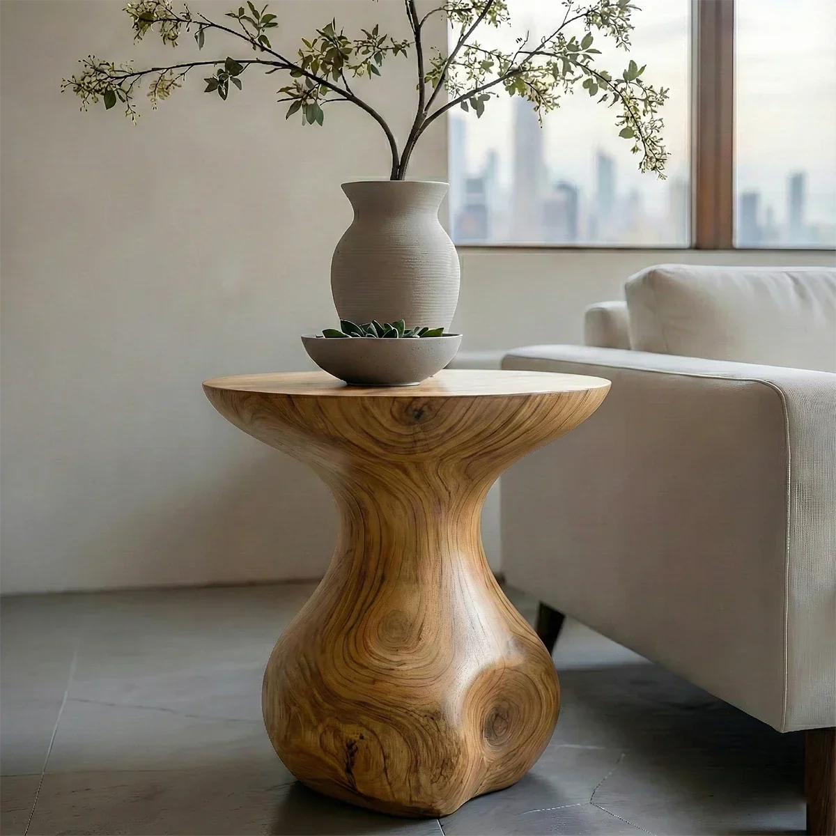 Solid Wood End Table with Round Top and Organic Bulb Pedestal Base - ArborisWood - 6