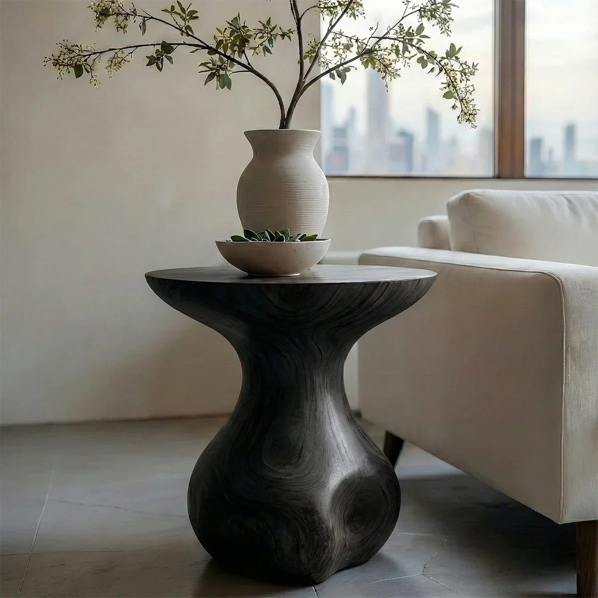Solid Wood End Table with Round Top and Organic Bulb Pedestal Base - ArborisWood - 7