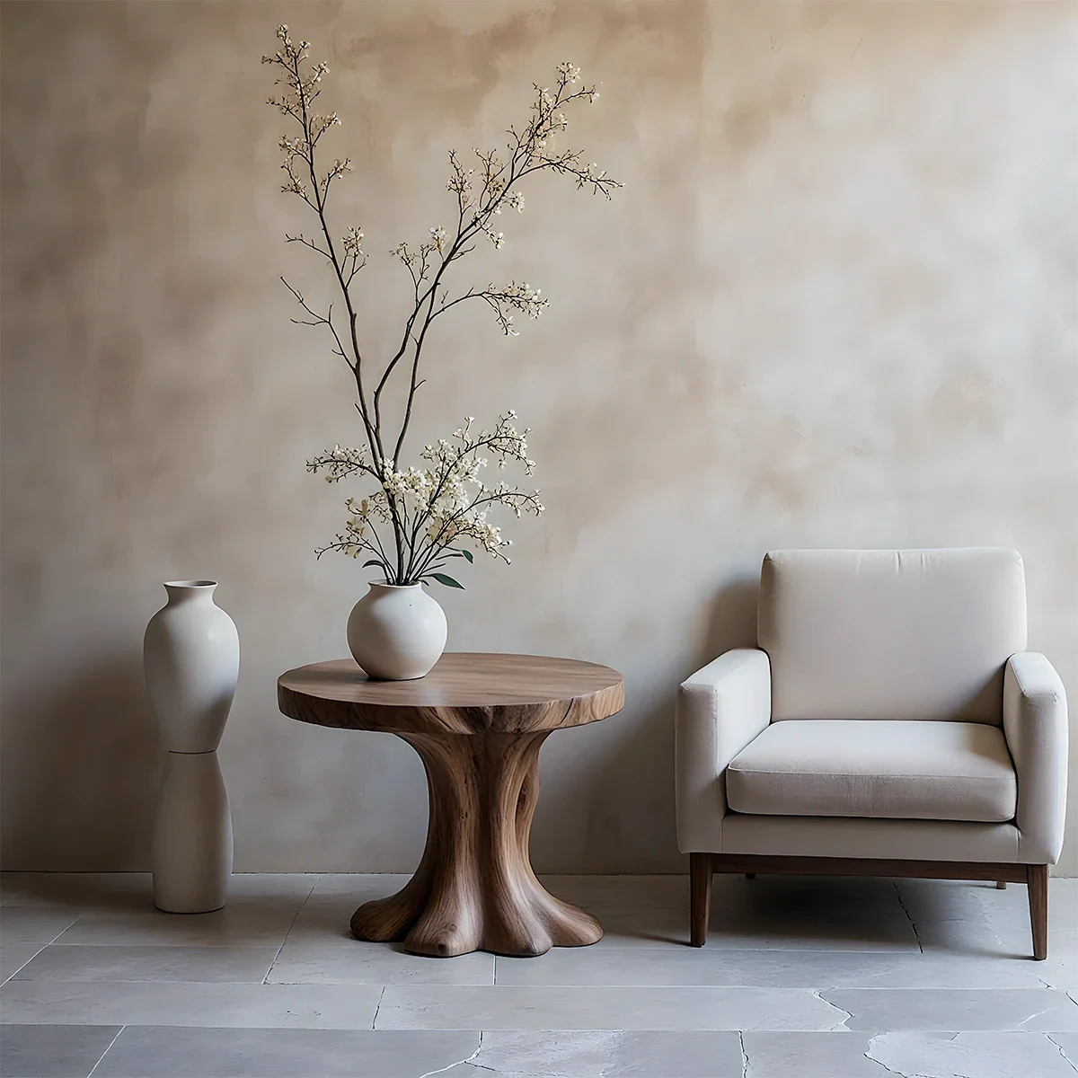 Solid Wood End Table with Round Top and Sculptural Tree-Inspired Base - ArborisWood