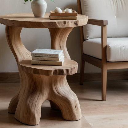 Solid Wood End Table with Round Top, Two-Tier Shelves and Sculptural Base - ArborisWood - 4