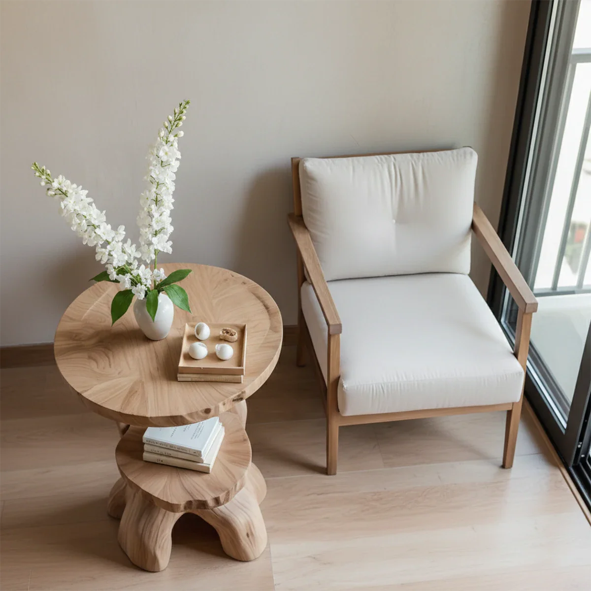 Solid Wood End Table with Round Top, Two-Tier Shelves and Sculptural Base - ArborisWood - 5