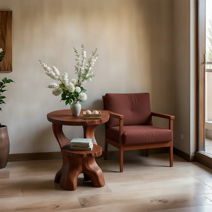 Solid Wood End Table with Round Top, Two-Tier Shelves and Sculptural Base - ArborisWood - 7