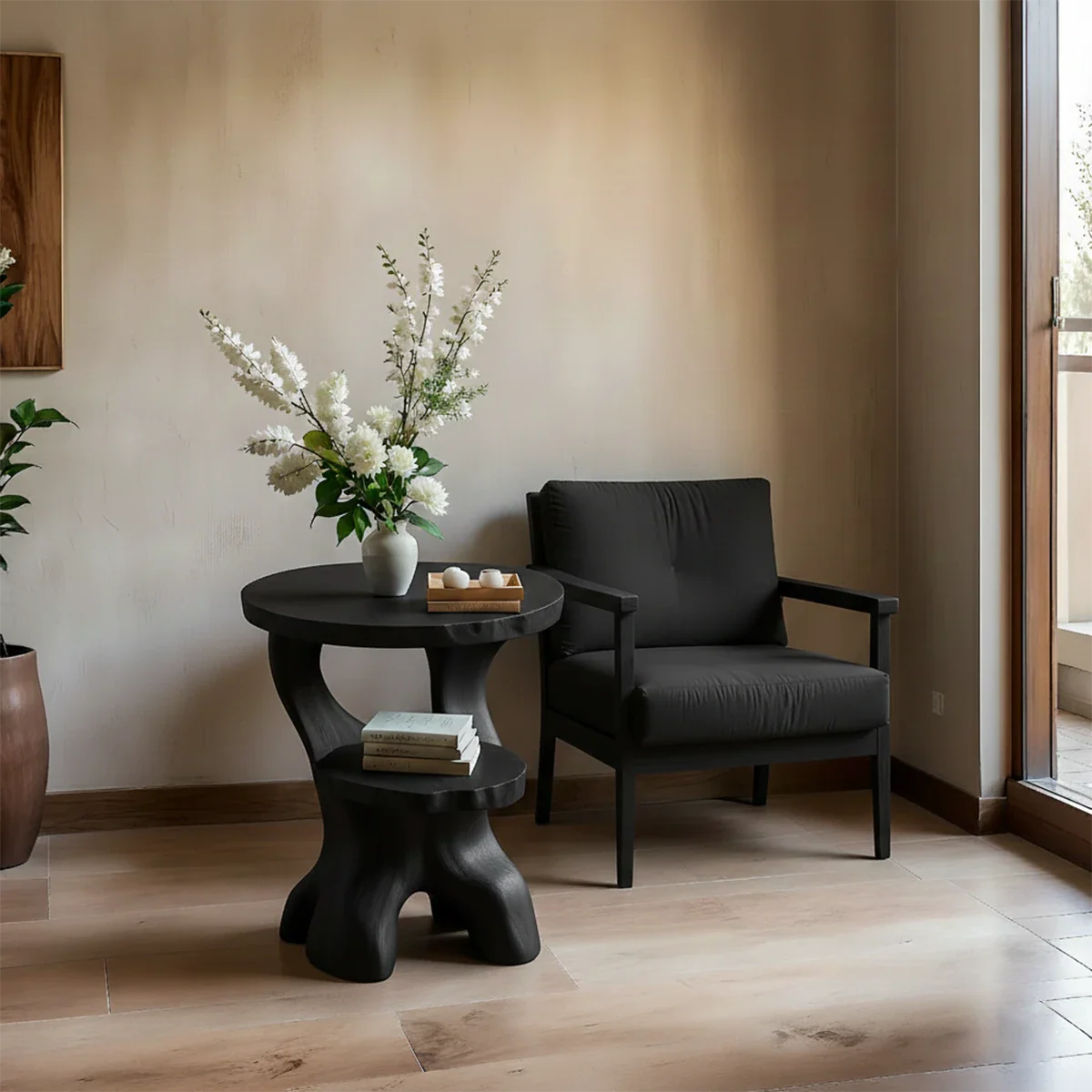 Solid Wood End Table with Round Top, Two-Tier Shelves and Sculptural Base - ArborisWood - 8