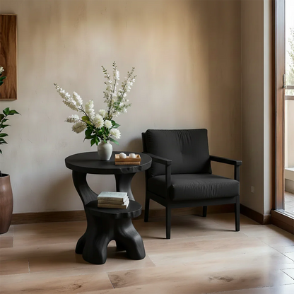Solid Wood End Table with Round Top, Two-Tier Shelves and Sculptural Base - ArborisWood - 8