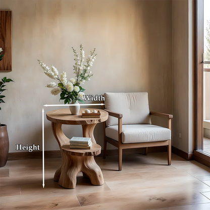 Solid Wood End Table with Round Top, Two-Tier Shelves and Sculptural Base - ArborisWood - 9