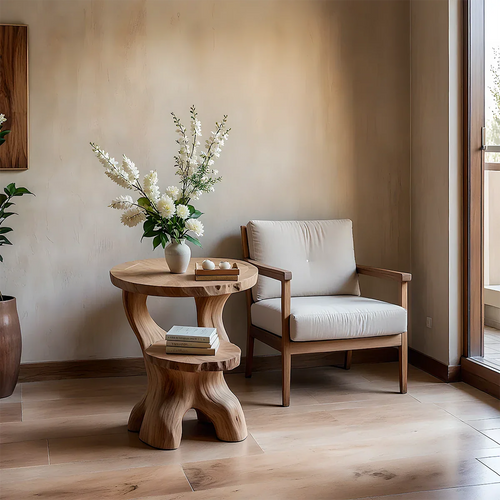 Solid Wood End Table with Round Top, Two-Tier Shelves and Sculptural Base - ArborisWood