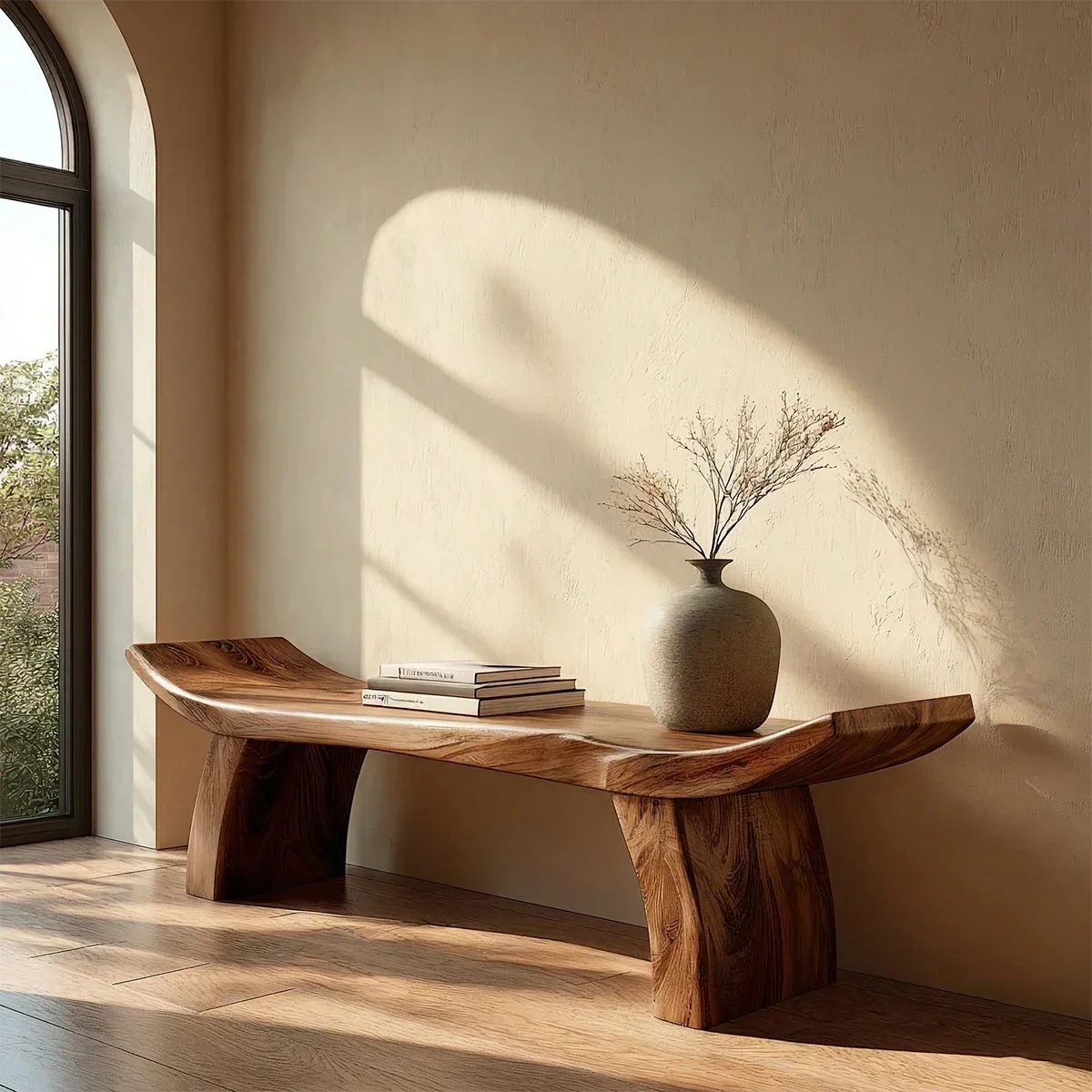 Solid Wood Entryway Bench with Lifted Edge Sculptural Leg Seating - Arboriswood - 6