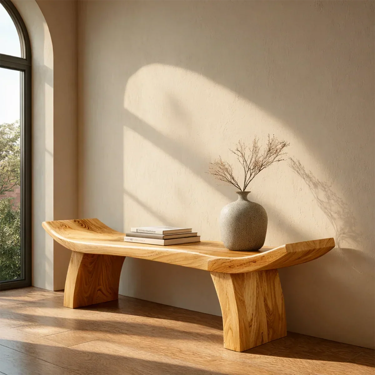 Solid Wood Entryway Bench with Lifted Edge Sculptural Leg Seating - Arboriswood - 7