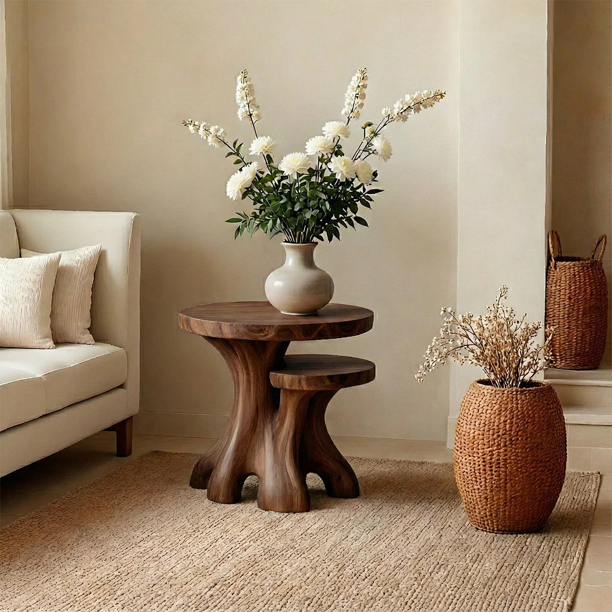 Solid Wood Nesting End Tables with Round Tops and Sculptural Bases - ArborisWood - 5