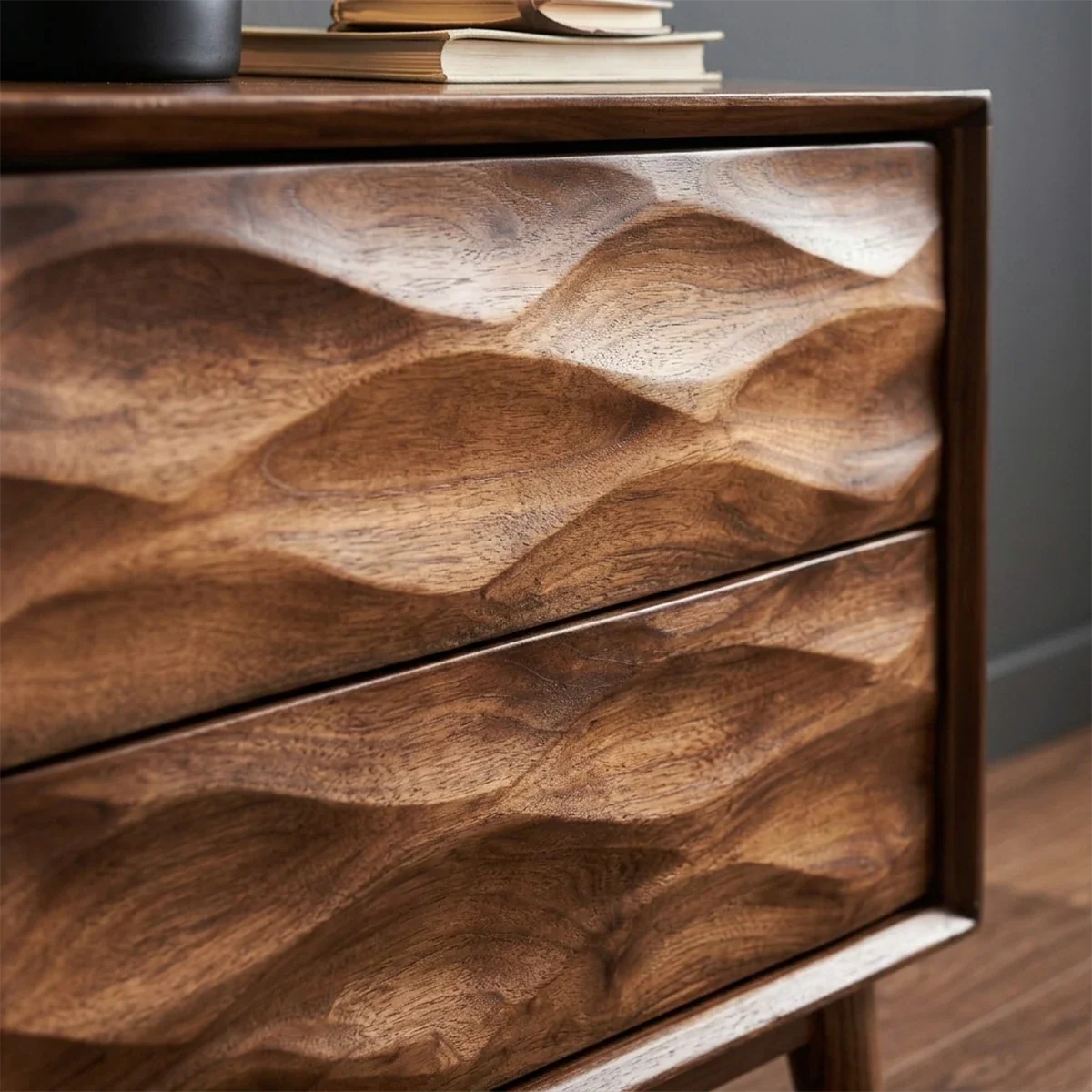 Solid Wood Nightstand with Wave Carved Front and Modern Storage Design - ArborisWood - 4