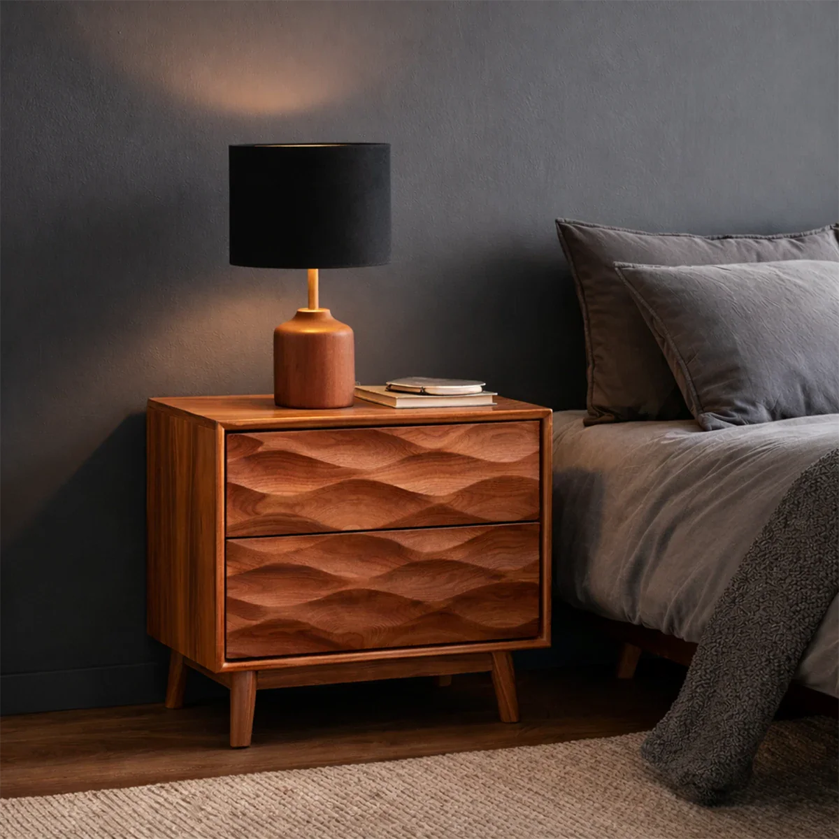 Solid Wood Nightstand with Wave Carved Front and Modern Storage Design - ArborisWood - 7