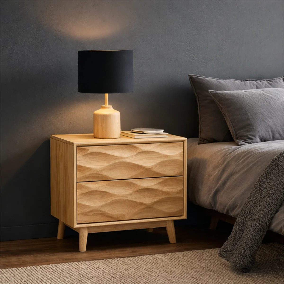 Solid Wood Nightstand with Wave Carved Front and Modern Storage Design - ArborisWood - 8