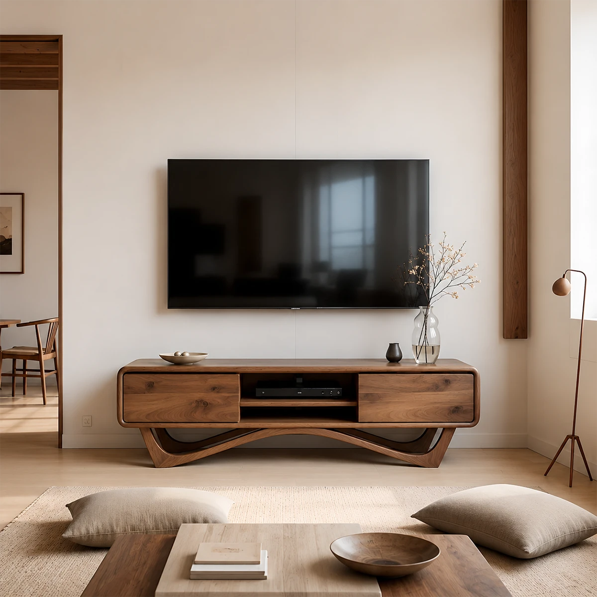 Solid Wood TV Stand with Angled Base Frame and Storage Compartments - ArborisWood - 2