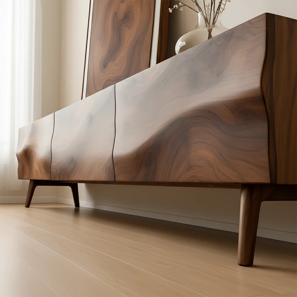 Solid Wood TV Stand with Sculpted Front Panels and Storage Compartments - ArborisWood - 4