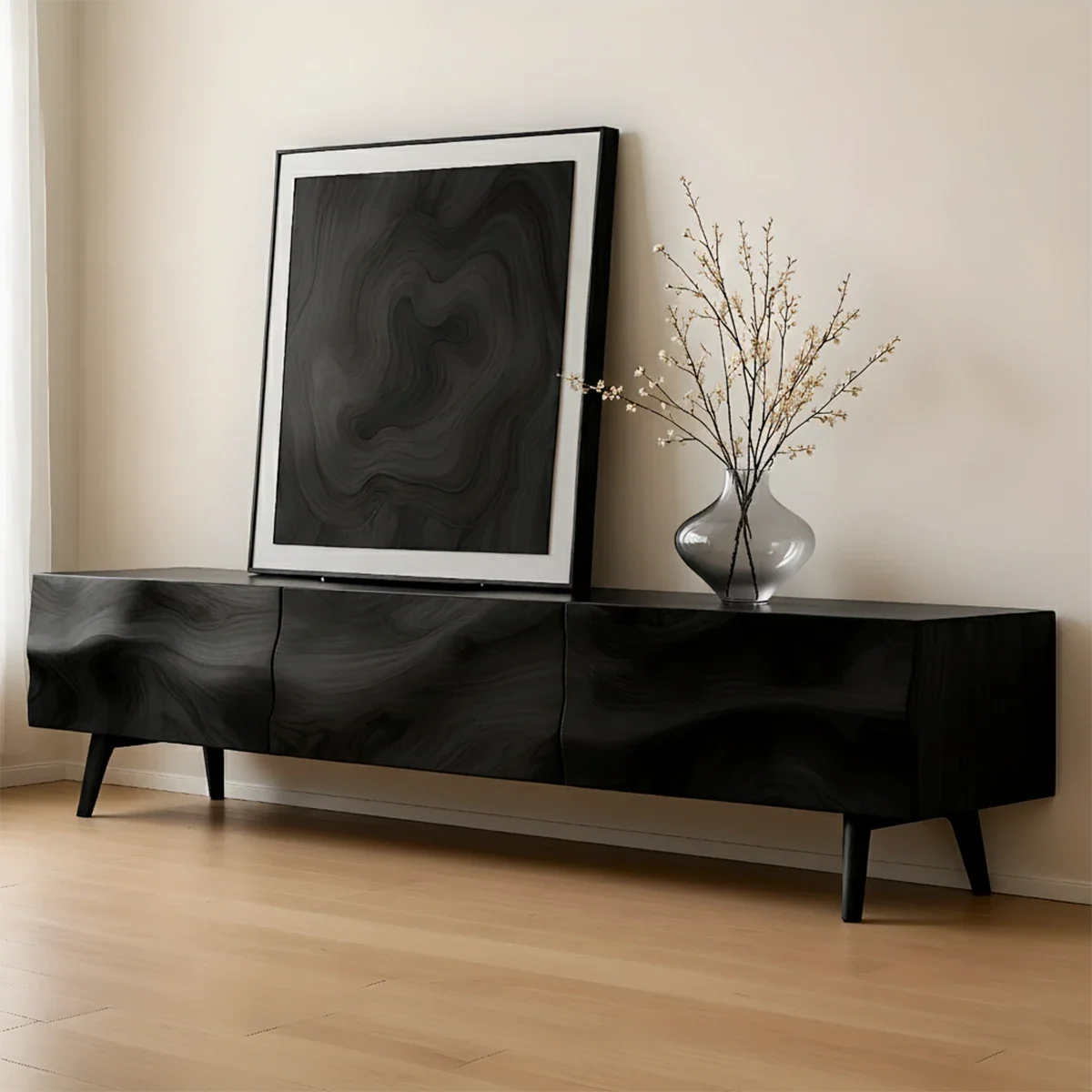 Solid Wood TV Stand with Sculpted Front Panels and Storage Compartments - ArborisWood - 9
