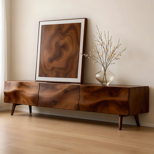 Solid Wood TV Stand with Sculpted Front Panels and Storage Compartments - ArborisWood