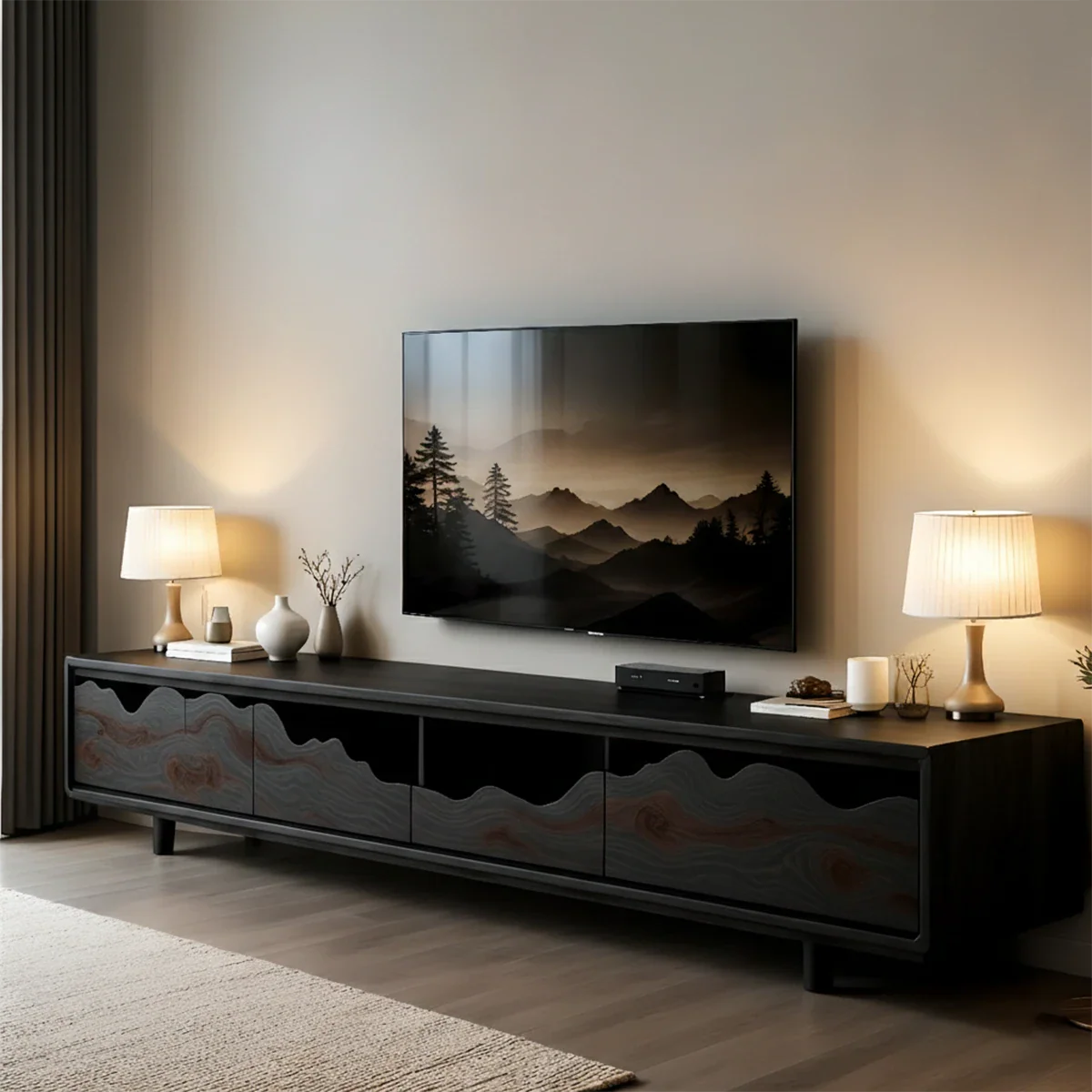 Solid Wood TV Stand with Wave Front Panels and Hidden Storage Drawers - ArborisWood - 10